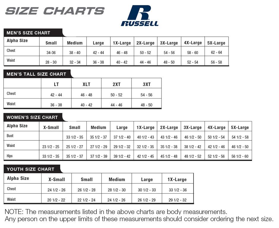 Russell Size Chart